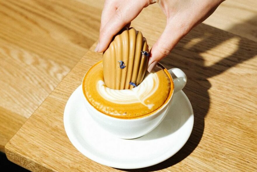 A madeleine being dipped into a frothy cup of coffee.