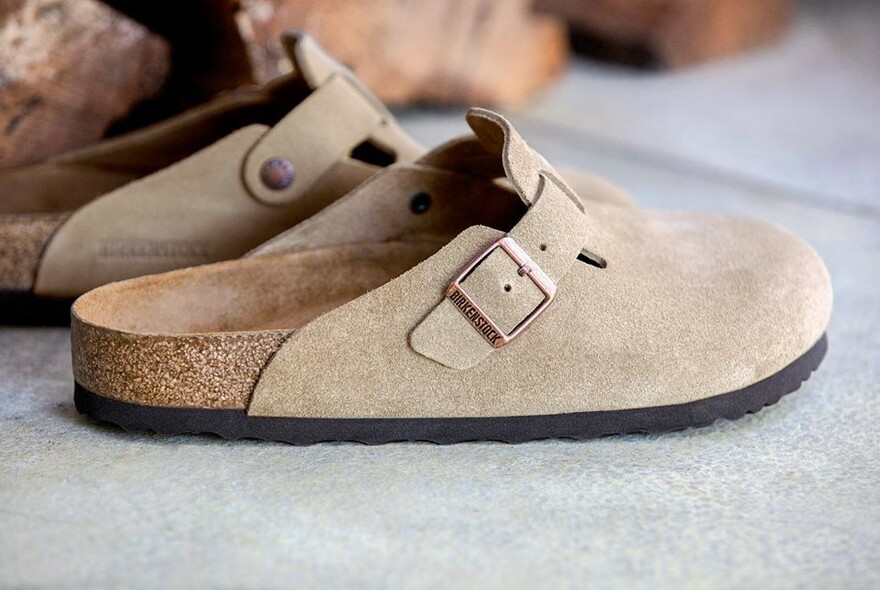 Birkenstock flat closed toe suede shoes with buckle and cork soles.