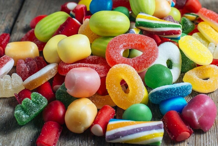 Colourful assorted lollies.
