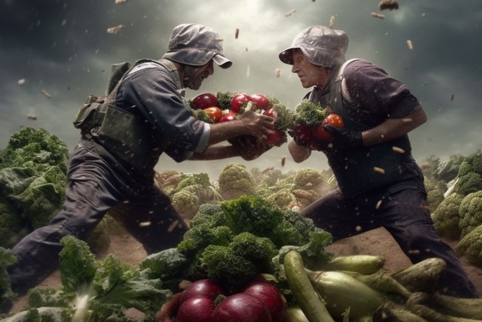 Two people facing each other with arms outstretched towards each other holding raw fruit and vegetables, surrounded by fresh produce on the ground in front and behind them.