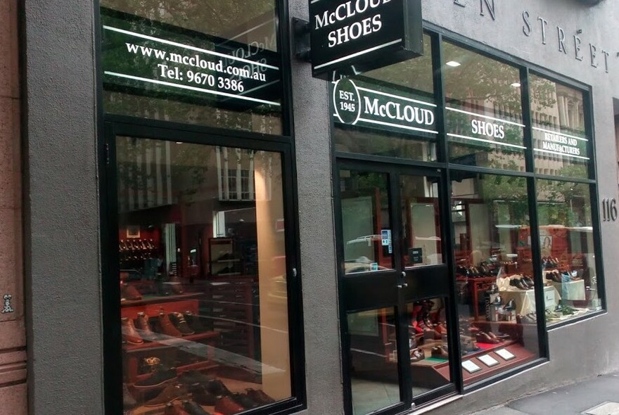 McCloud Shoes exterior showing display windows and signage.