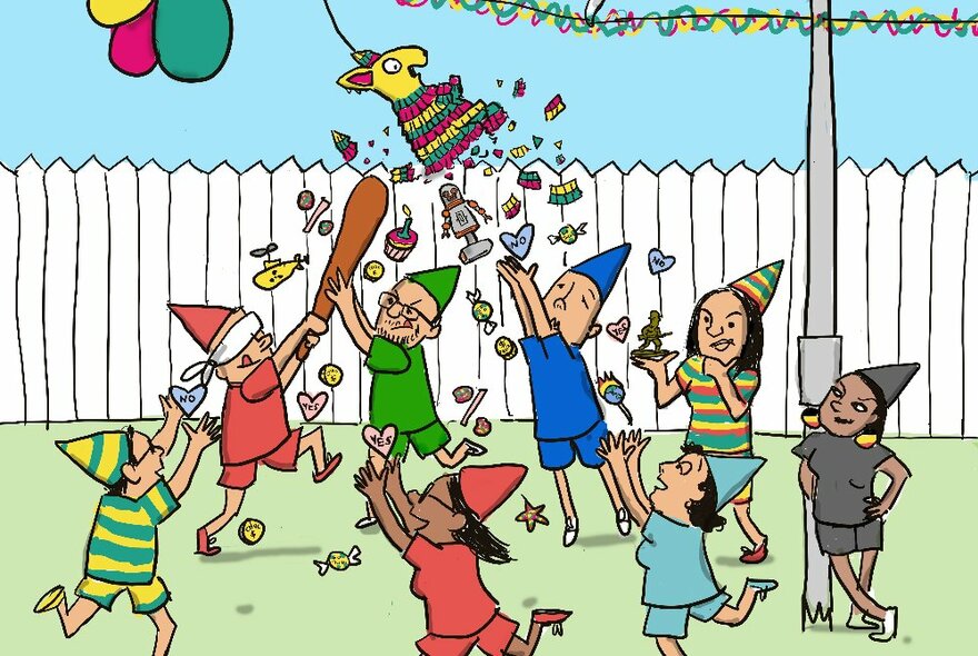 A cartoon of Australian politicians dressed as children, smashing a kangaroo-shaped pinata at a child's birthday party. 