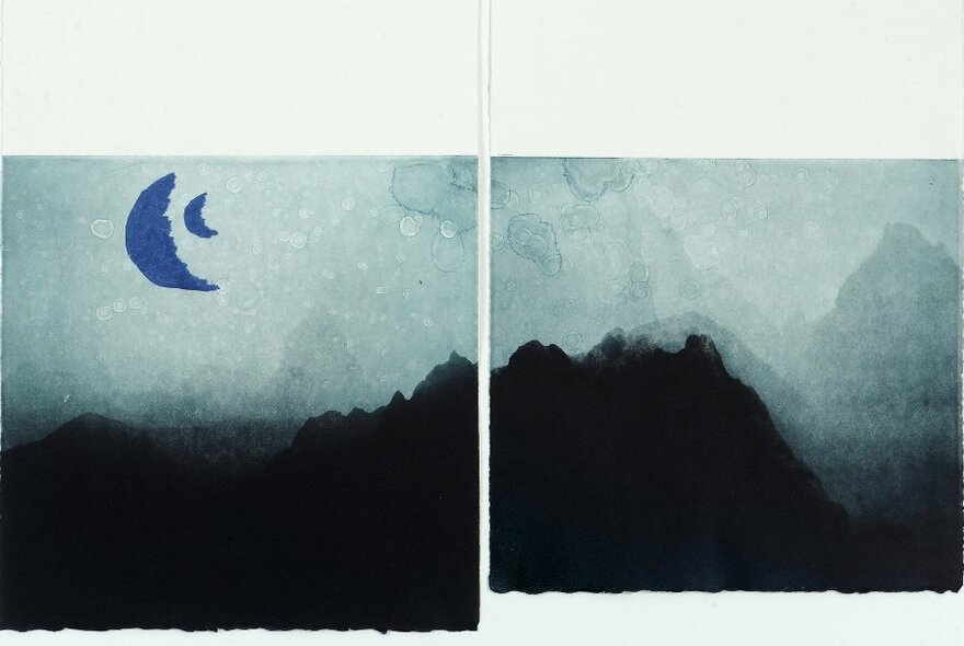 Two small etchings on paper, side by side that form a mountain range, tones of black, dark blue, grey and white.