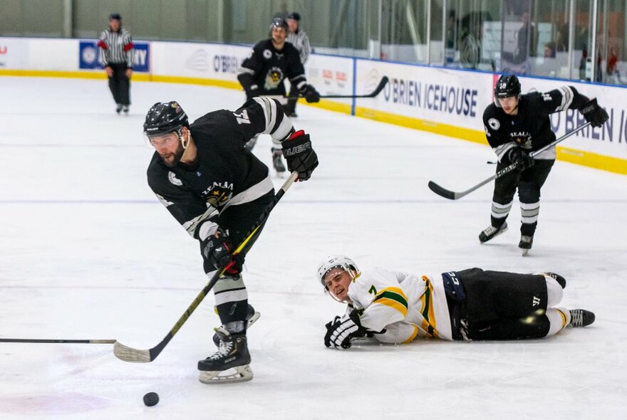 Ice hockey players with hockey sticks vie for the puck, while one slides along the ice on his side.