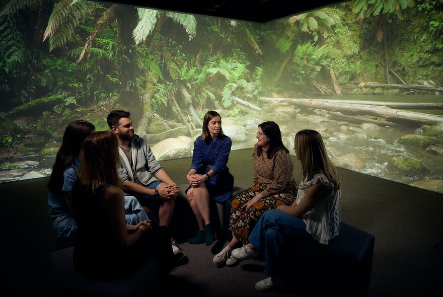 A small group of people having a discussion in front of a projected image of a rainforest in the background.