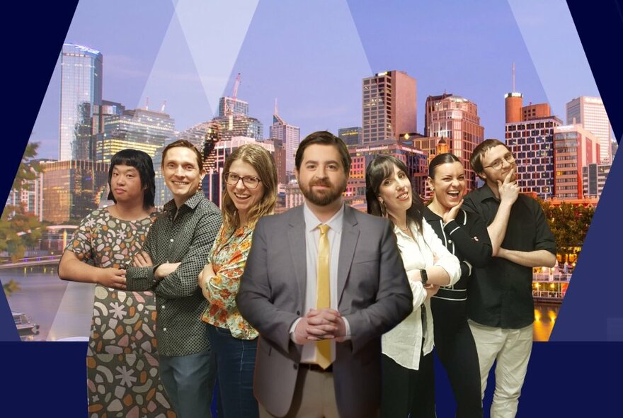 A crack team of improv comedians posing as journalists in front of a cityscape projection.