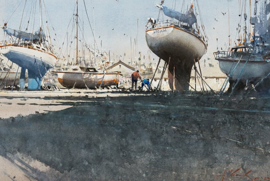 Watercolour painting of yachts berthed on dry ground at a harbour.