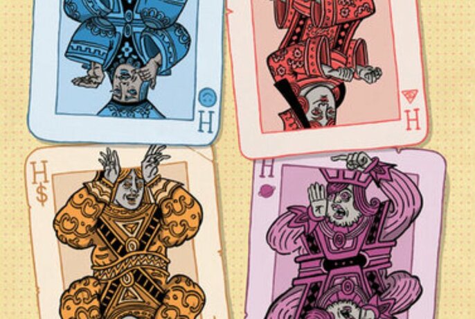 An illustration of four playing coloured playing cards with the letter H on them.