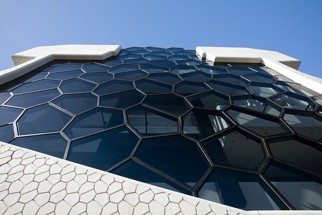 Close up of the honeycomb-patterned glass on the exterior of the Melbourne Recital Centre.