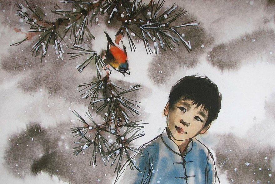 A hand-drawn illustration of a young Chinese boy in the snow, looking at a small, brightly coloured bird on a fir tree branch.