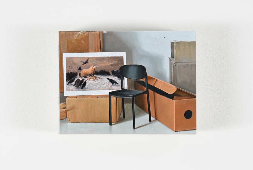 Oil painting of a solitary chair sitting among a jumble of empty cardboard boxes,  a mass produced art print balanced on one of the boxes. 