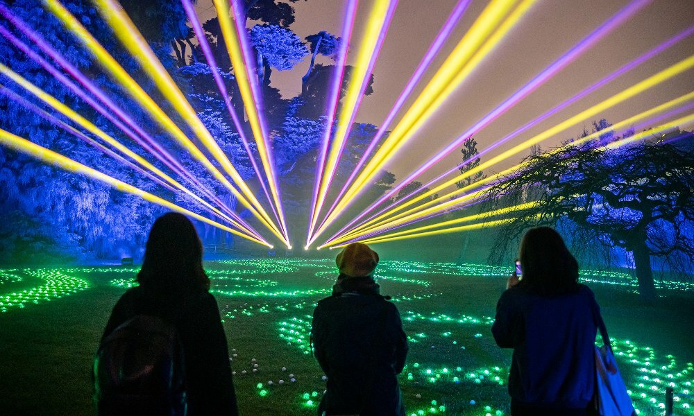 Three friends are looking at a laser light show