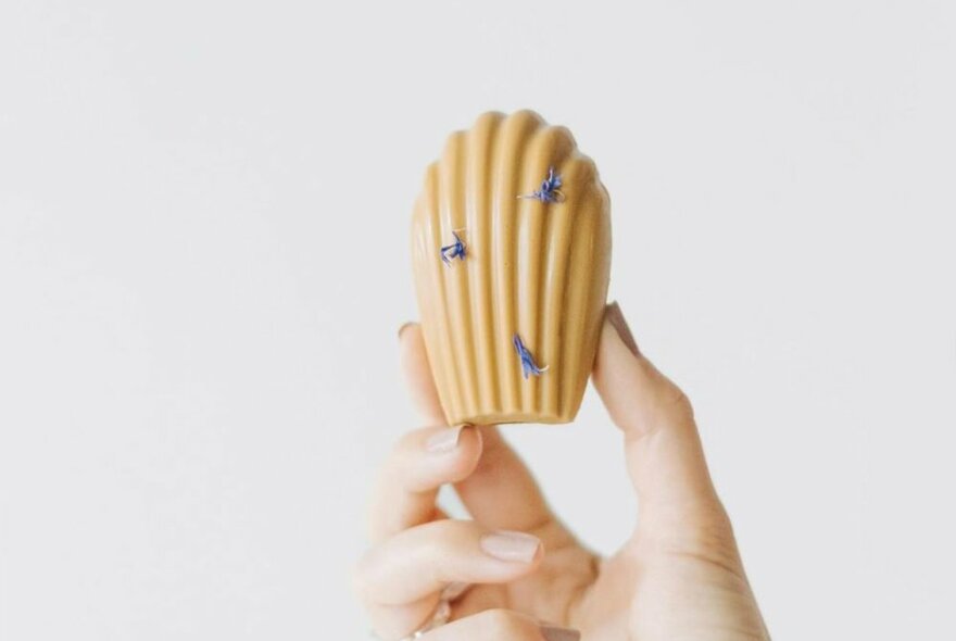 A madeleine pastry held up by a hand against a white background.