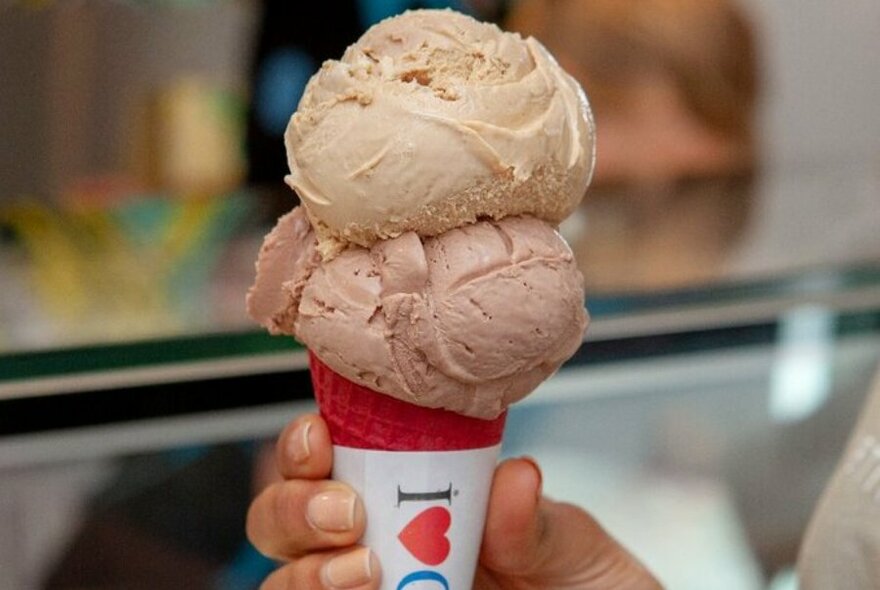 A double scoop ice cream in a cone.