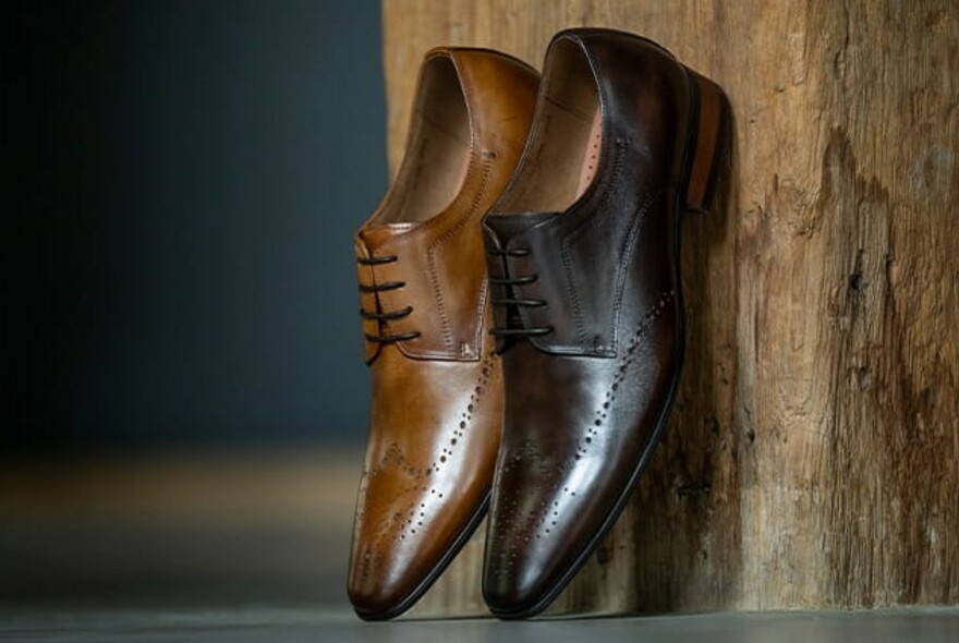 Men's leather lace-up shoes - one brown, one black.