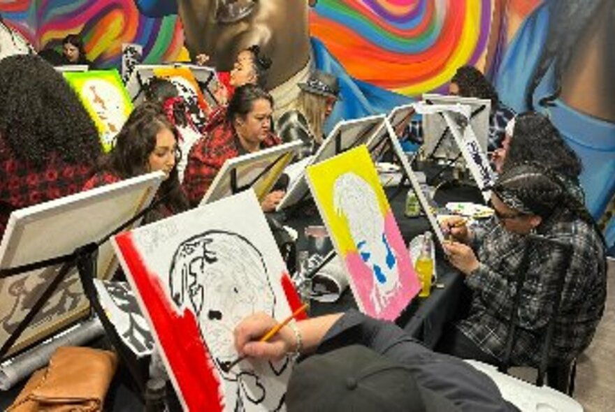 Three rows of people painting canvases with colourful murals at rear.
