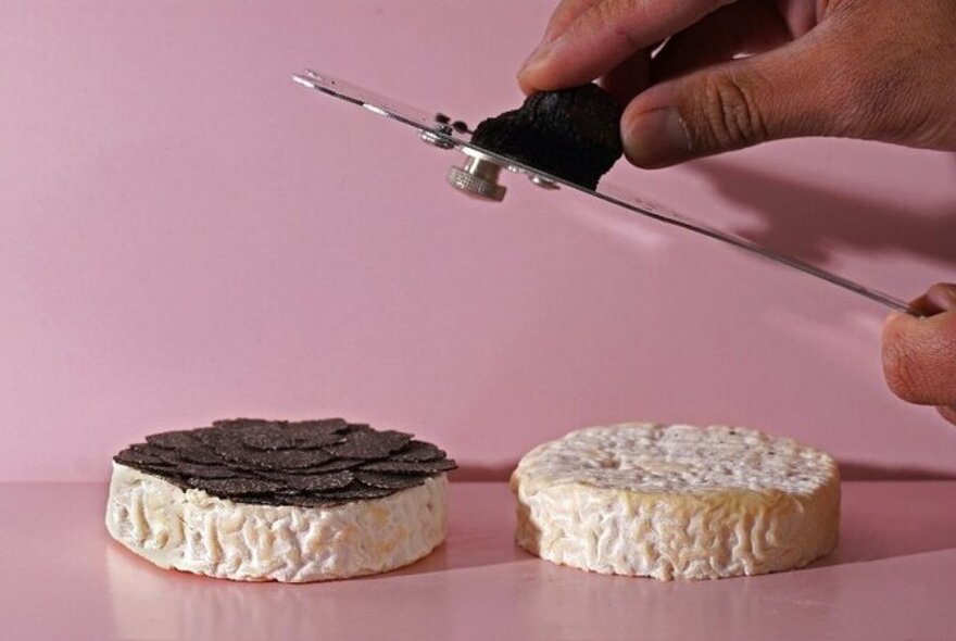 Person shaving slices of black truffle on to brie cheese.