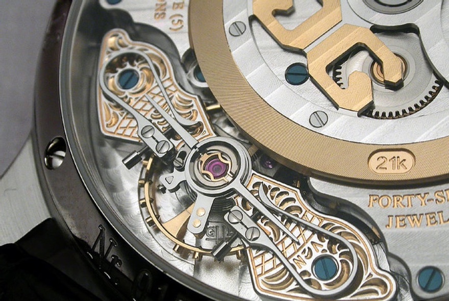 Close up of internal watch mechanism.