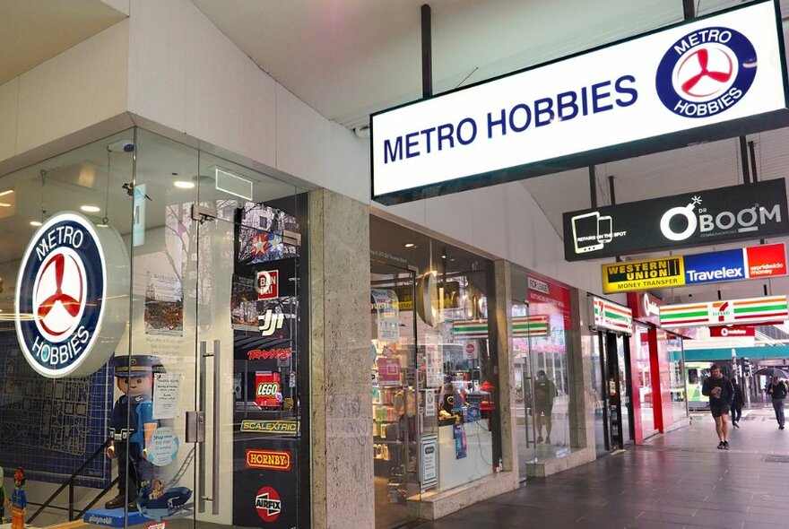 External view of Metro Hobbies shopfront with signage.
