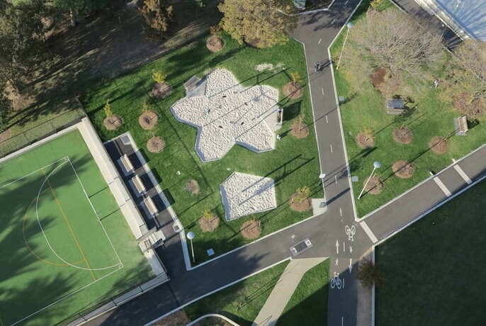 Aerial view of Neill Street Reserve neighbourhood park in Carlton.