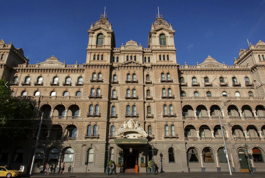Façade of Hotel Windsor showing its high Victorian architecture style.