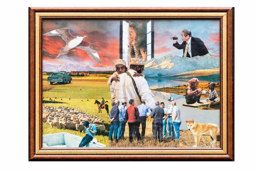 A framed artwork depicting multiple scenes of landscape, groups of people, a seagull and a dingo.