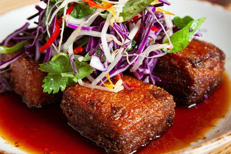 Closeup of a dish of cubed pork belly on a white plate, garnished with fresh herbs and sauce.