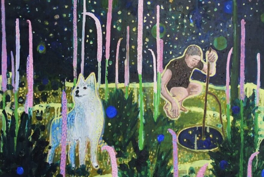 Colourful artwork of a fox/dog next to a man kneeling next to a poind in a garden.