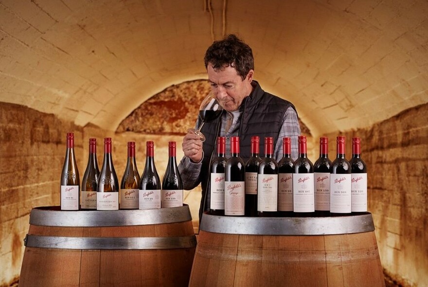 Man smelling a glass of wine in an underground cellar featuring two large barrels with multiple wine bottles on top. 