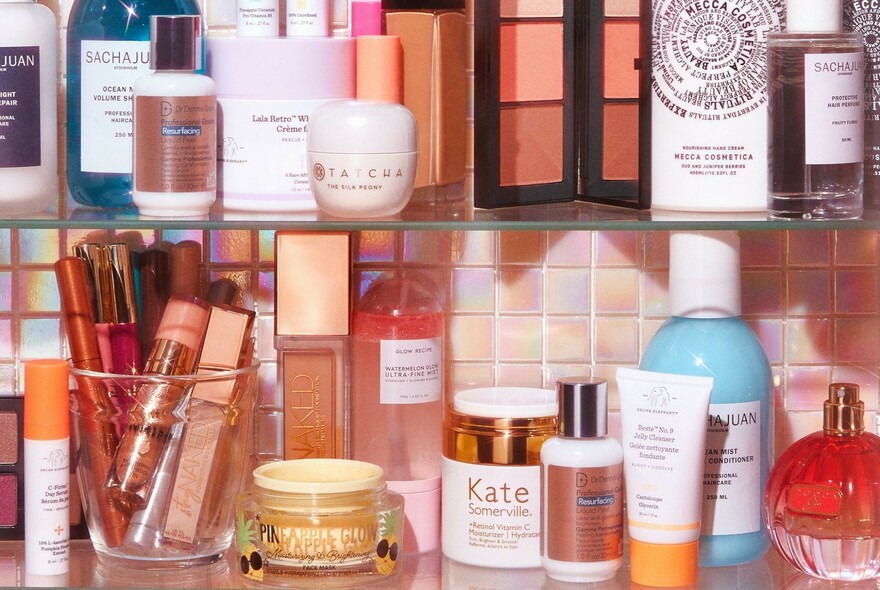 A set of shelves featuring an assortment of skincare products and cosmetics. 