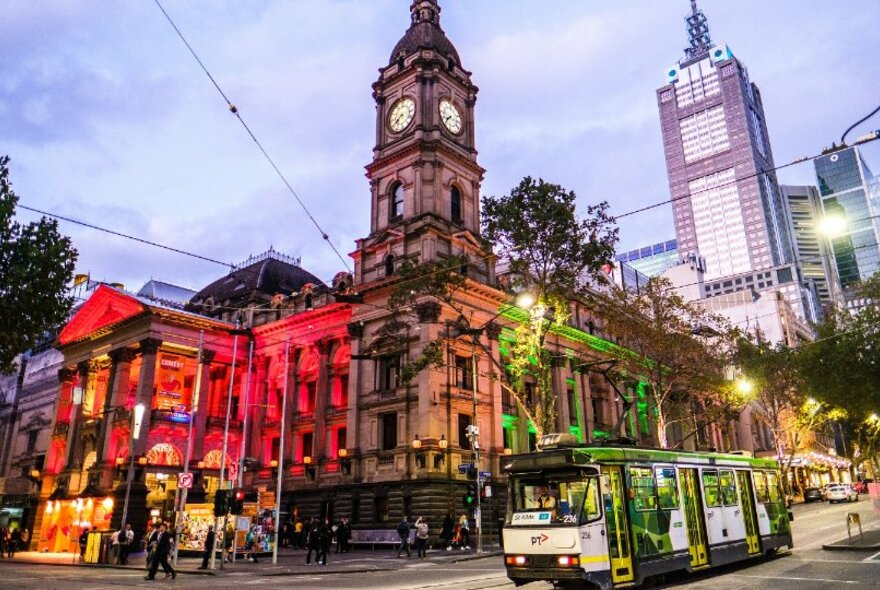 Melbourne Town Hall lit up for Melbourne International Comedy Festival. 