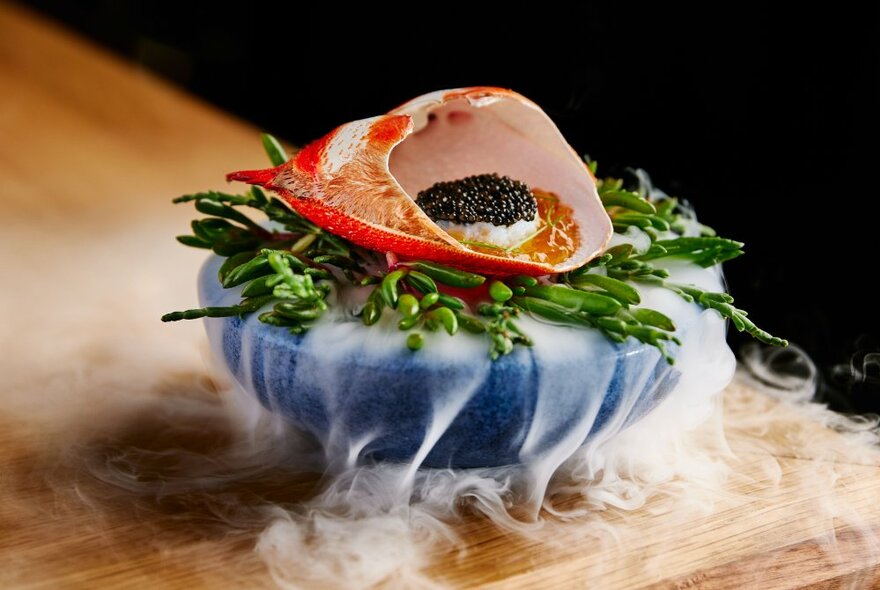 Caviar and seafood on top of a bowl of smoking seaweed.