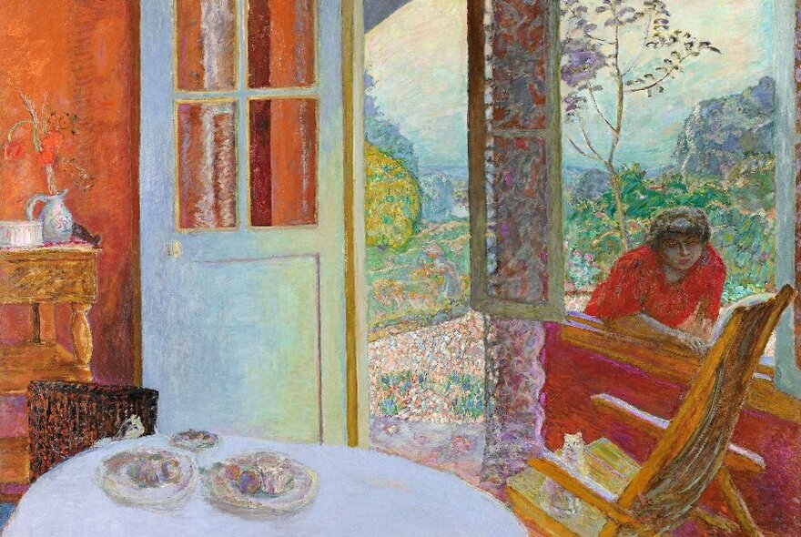 A bright painting of a person leaning into the window of an orange room with a table holding three plates. 