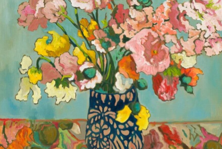 Still-life oil painting by Lucila Zentner of a blue patterned vase with pinky-orange toned flowers and a teal background.