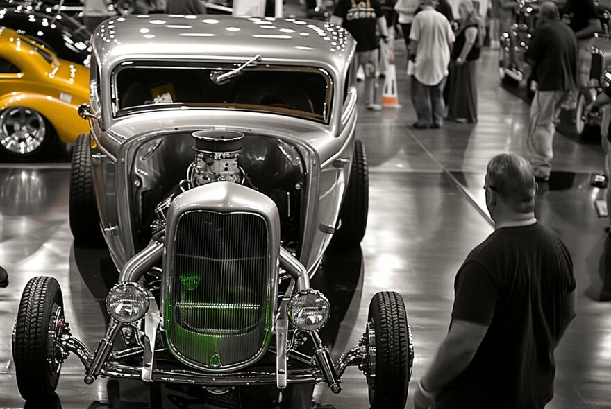 A customised hot rod car on display in an expo showroom with people walking around looking at it.