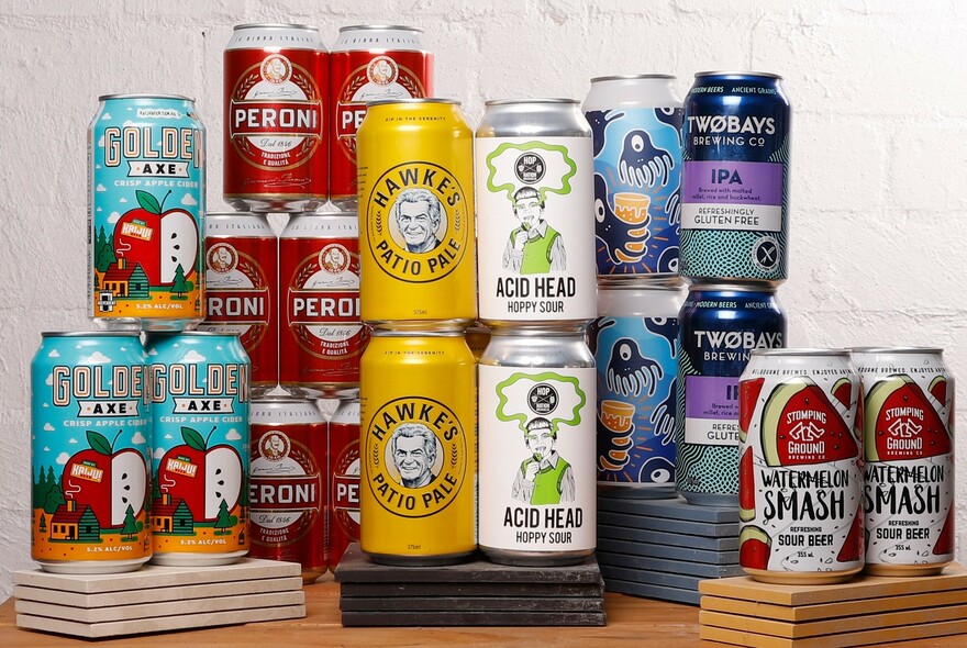 An assortment of colourful cans of beer. 