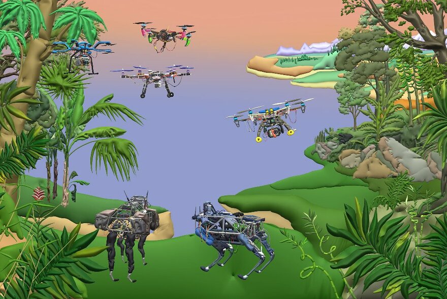 Graphic illustration of a jungle scene with robot creatures.