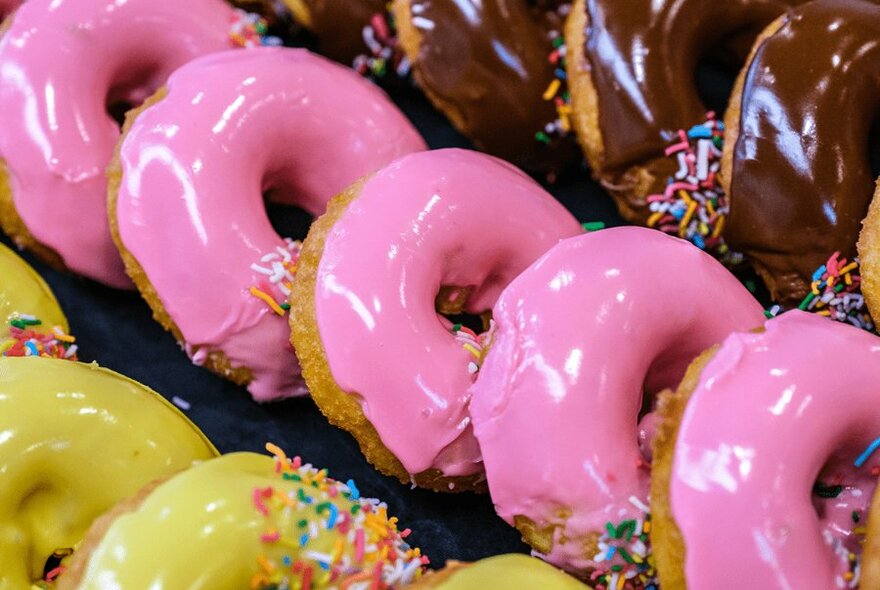 Rows of yellow, pink, and brown doughnuts with sprinkles. 