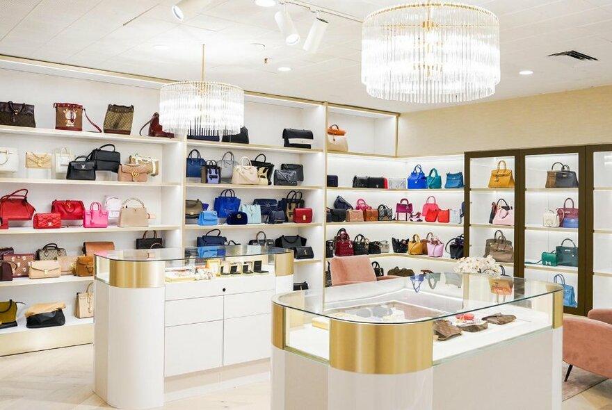 Store interior with shelves lined with designer handbags.