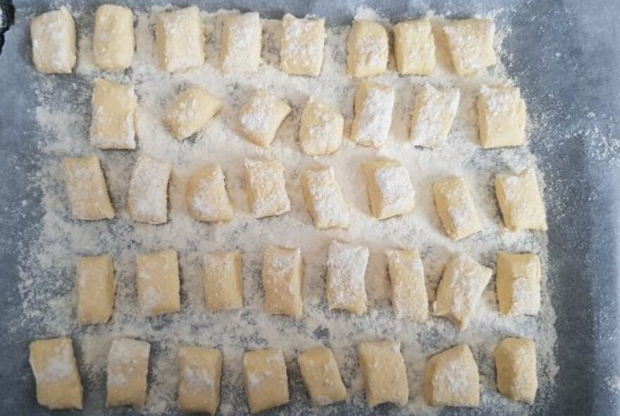 Little pillows of gnocchi in lines on a floured work surface. 