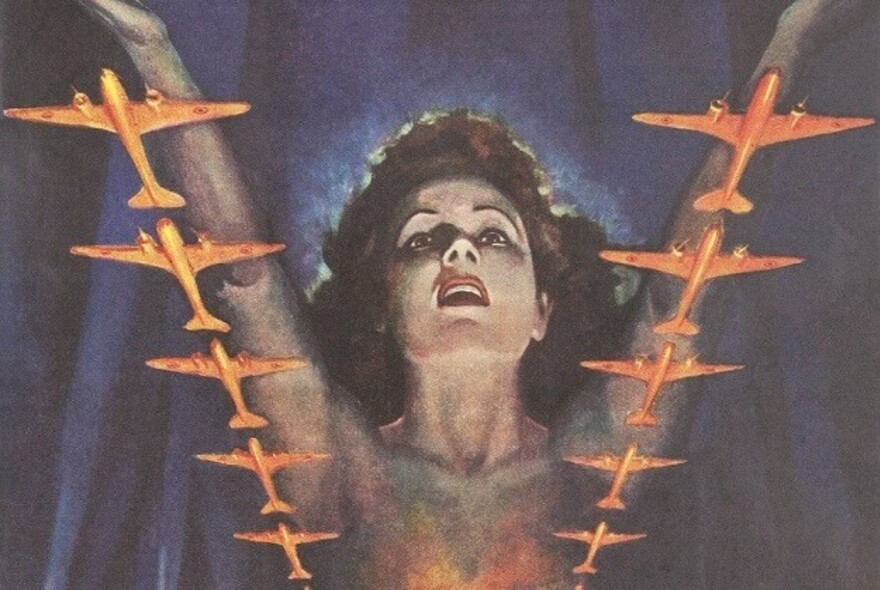 Painting of a woman with her arms in the air with two rows of WWII aircraft overlaid.