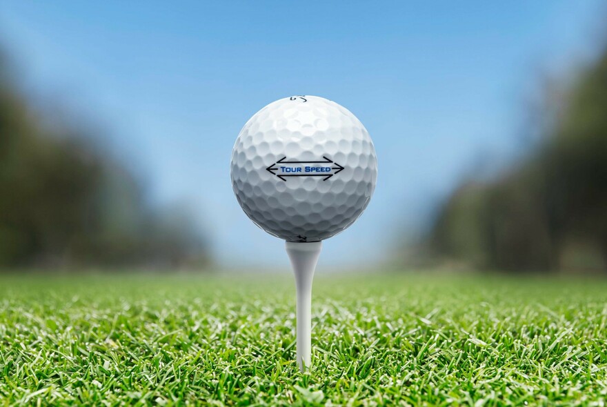 Close-up of a white golf ball resting on a tee inserted into green grass.