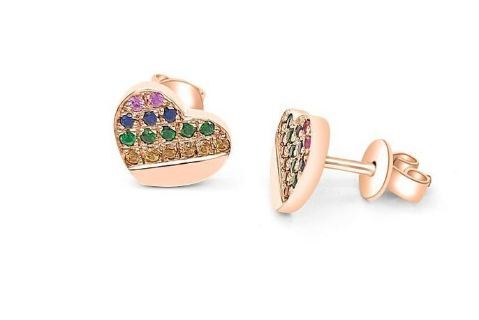 Heart-shaped rose gold stud earrings with coloured stones, seen from the side.