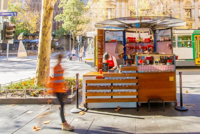 Takeaway creperie stand on Swanston Street.