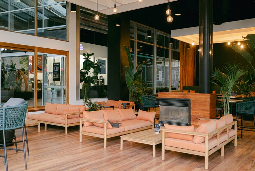 Roomy cafe with low couches and tables, green plants and wooden floors.