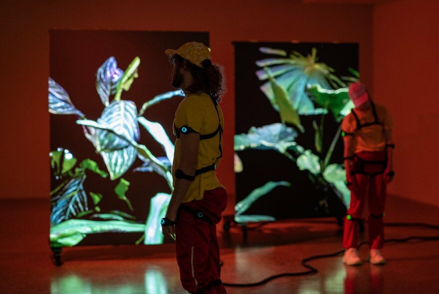 A man in a yellow t-shirt and cap inside a gallery creating a live art performance with two screens showing digital images of plants.