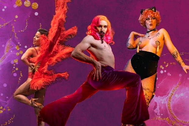 Three performers against purple background: at left, in red, feathering outfit, one knee lifted; in middle, lunging in red flares; third in burlesque outfit and kitten ears.