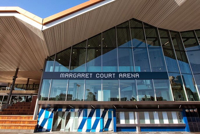 Large glass frontage of Margaret Court Arena.