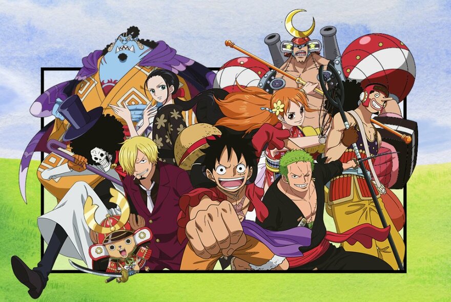 Graphic and colourful cartoon of all the characters from the anime TV show One Piece.