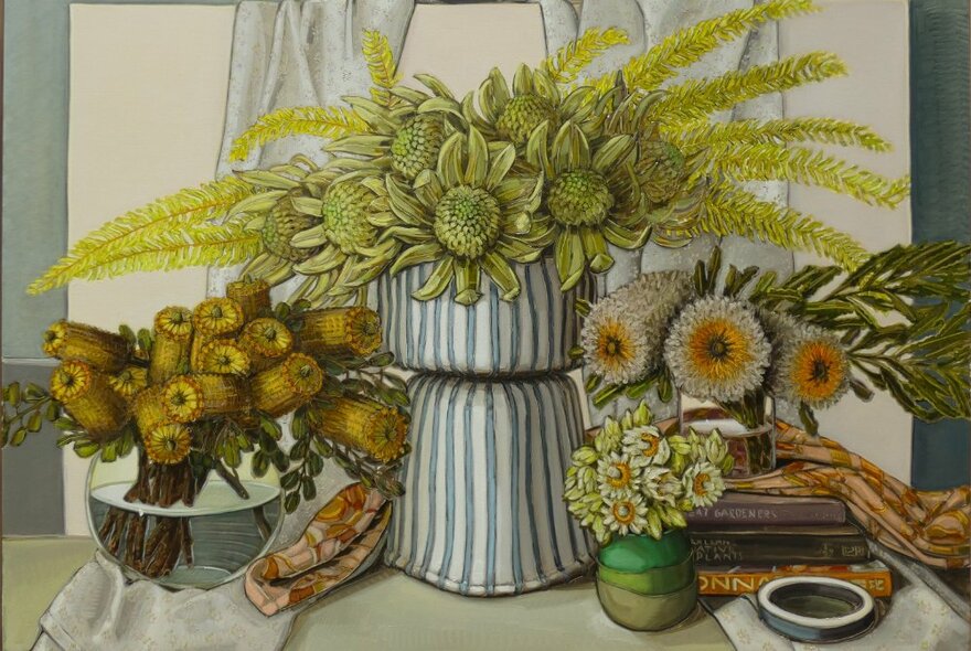 Still life painting of vases of native flowers.